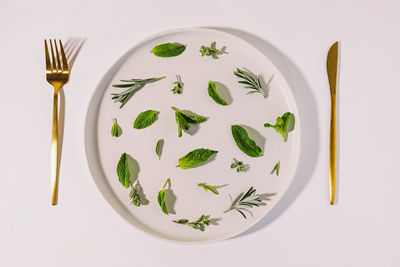 Top view of a plate with variety of fresh green herbs with harsh shadows, food concept