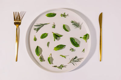 High angle view of food in plate on white background