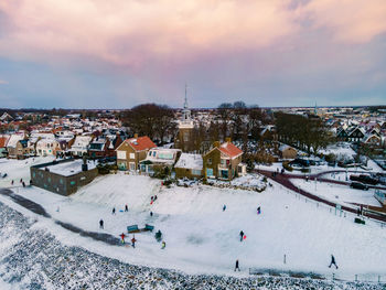 High angle view of people in city during winter