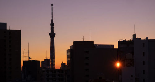 Buildings in city during sunset