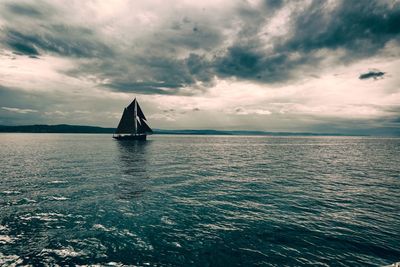 Sailboat sailing in sea against sky