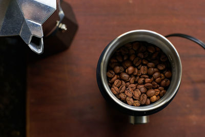 High angle view of coffee beans on table