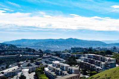 High angle view of buildings in city against sky