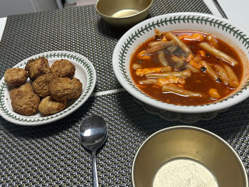 High angle view of soup in bowl on table