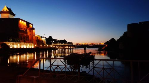 River by illuminated buildings against sky at sunset