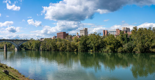 Scenic view of river by buildings against sky