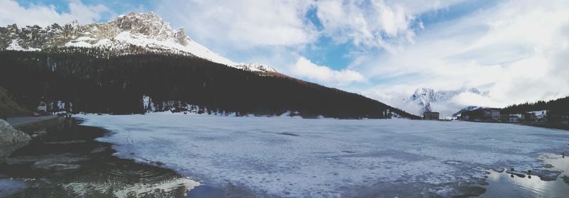 Panoramic view of snowcapped mountains against sky