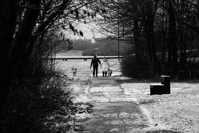 Rear view of people with dogs on snow covered field