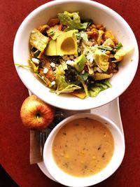 High angle view of soup in bowl on table