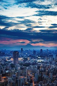 High angle view of city at dusk