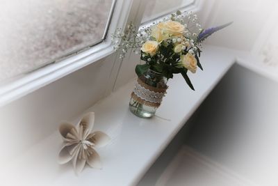 Close-up of flower pot on window sill at home