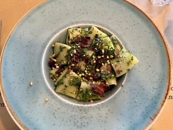 Directly above shot of food in plate on table