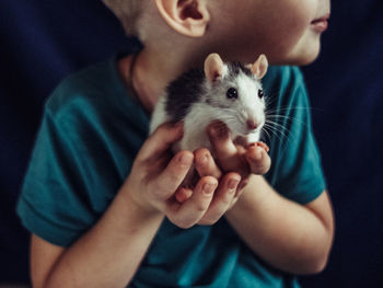 Midsection of child holding a rat at home