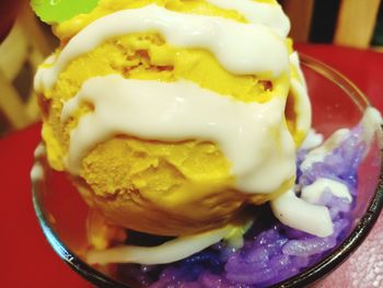 Close-up of ice cream in plate on table