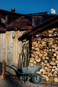 Stack of wooden logs by building