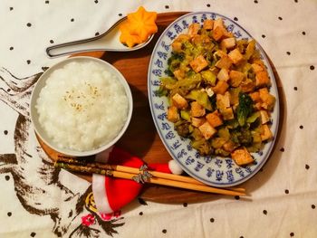 High angle view of meal served on table