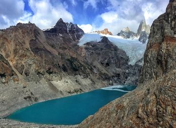 Panoramic view of snowcapped mountains against sky