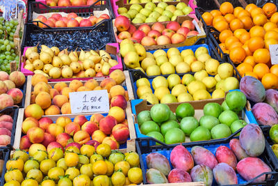 High angle view of fruits for sale at market stall