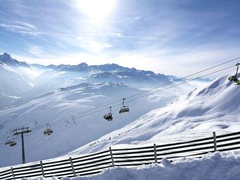 Overhead cable cars over snowcapped mountains against sky