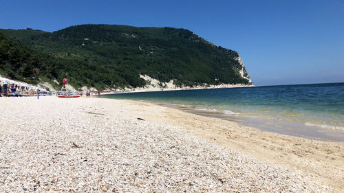 Scenic view of beach against clear blue sky