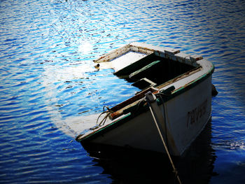 High angle view of abandoned boat moored in lake