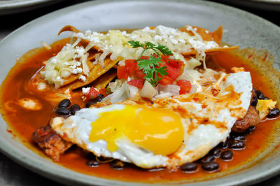 Close-up of breakfast served in plate