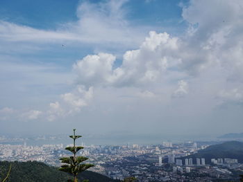 High angle view of buildings against sky