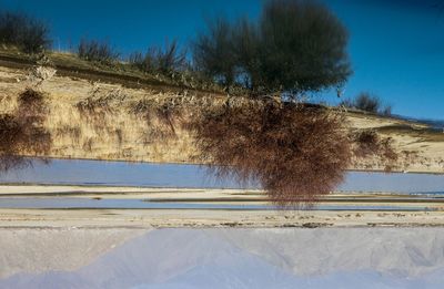 Scenic view of lake against clear blue sky