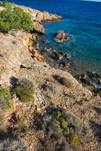 High angle view of rocks on beach