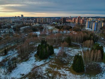 High angle view of buildings during winter