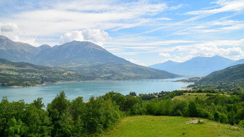 Scenic view of lake and mountains against sky