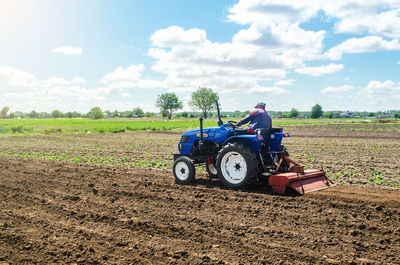 A farmer on a tractor mills the soil with a milling machine equipment. growing vegetables. 