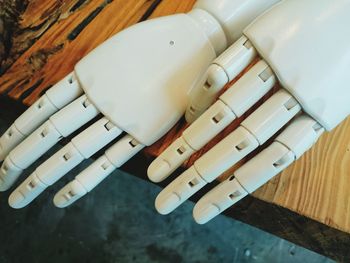 High angle view of artificial hand on table