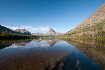 Scenic view of lake and mountains against blue sky