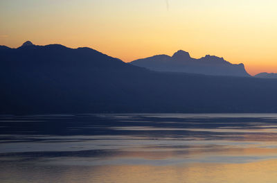 Scenic view of lake against clear sky during sunset