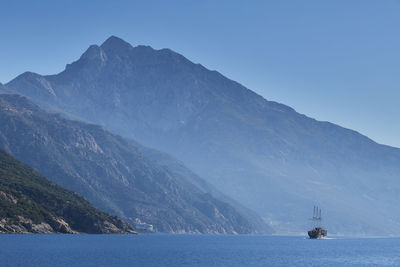 Scenic view of sea and mountains against sky