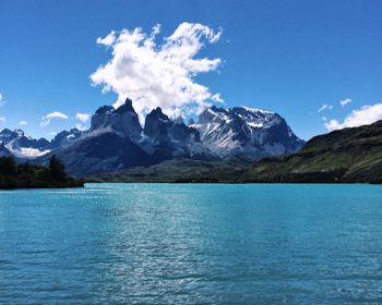 Scenic view of mountains and blue sky