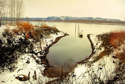 Scenic view of lake against sky during winter