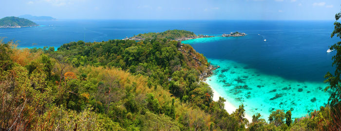 High angle view of bay against clear sky