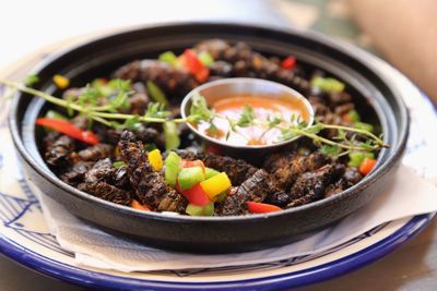 High angle view of food in plate