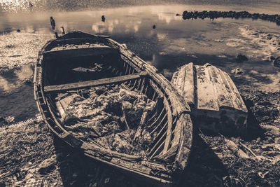 High angle view of abandoned boat on shore