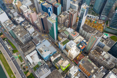 High angle view of modern buildings in city