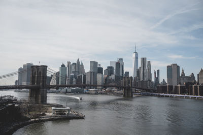 Bridge over river by buildings against sky in city