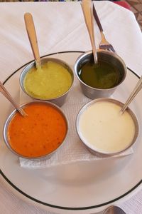 High angle view of soup in bowl on table