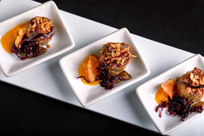 High angle view of food served on table