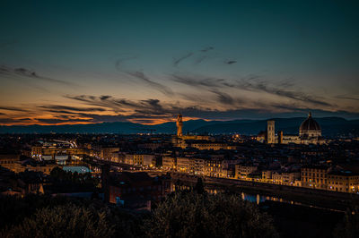 High angle view of illuminated buildings against sky at sunset