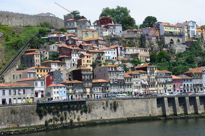 Buildings by river against sky