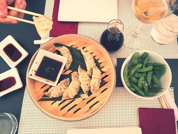 High angle view of meal served on table