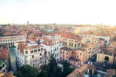 High angle view of cityscape against clear sky