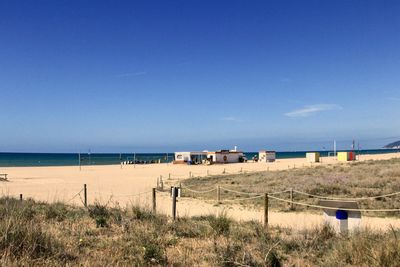 Scenic view of beach against blue sky